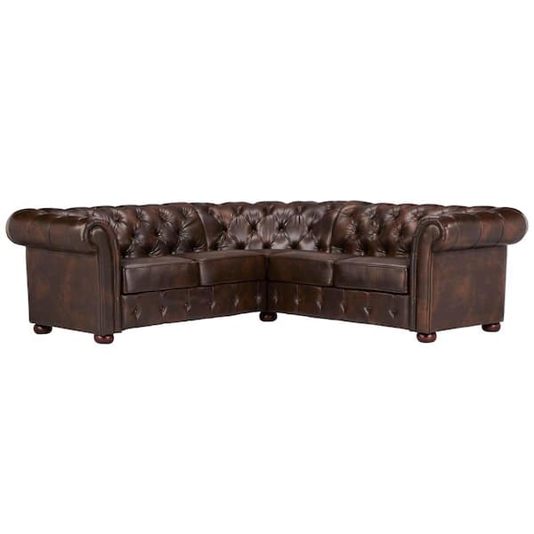 Homesullivan Radcliffe Chocolate Faux Leather 6 Seater L Shaped Chesterfield Sectional Sofa With Wood Legs 40e208bdrsecll The Home Depot Homesullivan Radcliffe Chocolate Faux, Chocolate Leather Sectional Sofa