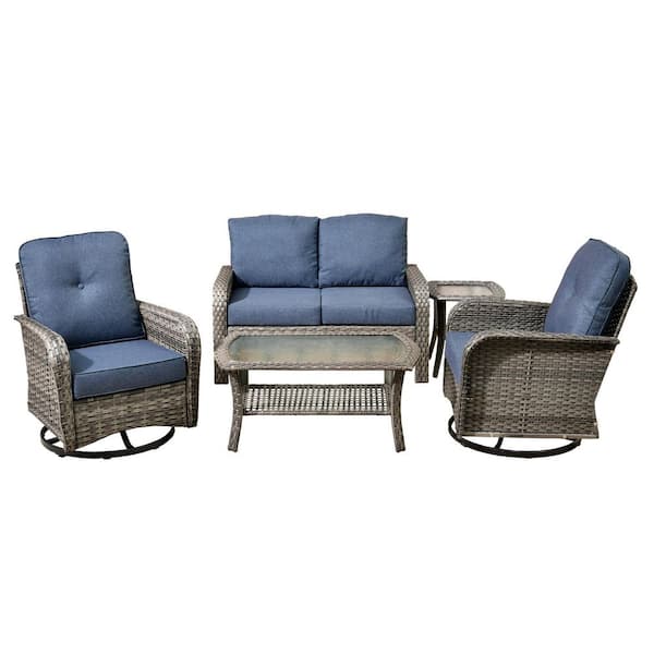 Meis Gray 5-Piece Wicker Patio Conversation Set with Denim Blue Cushions and Swivel Chairs