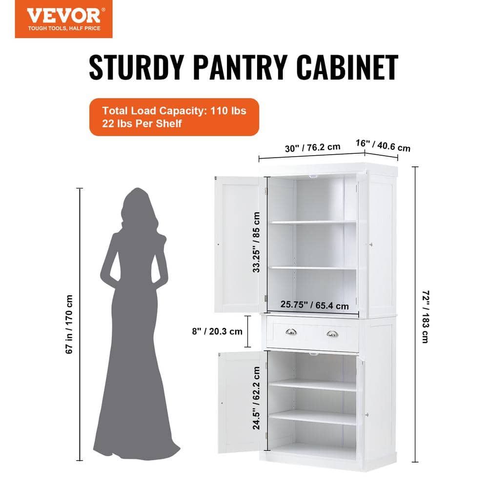 Pearl White 72" Tall Kitchen Pantry Storage Cabinet with Adjustable Shelves