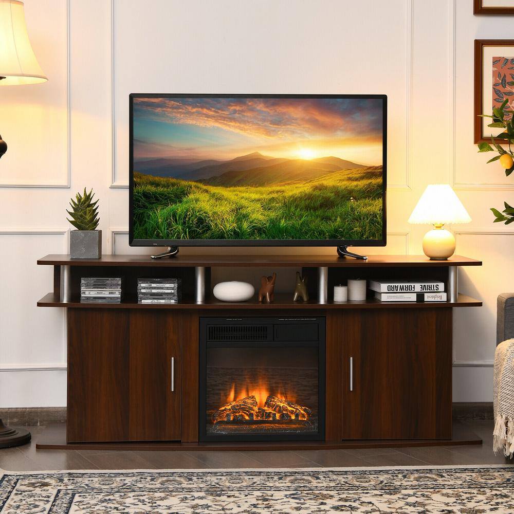 Walnut 63 Inch TV Stand with Cabinets and Fireplace Option