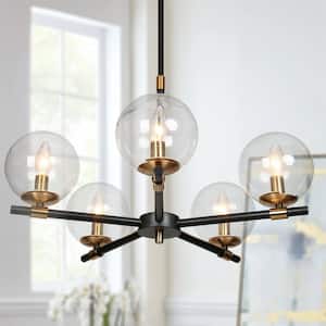 Modern 22 in. 5-Light Black Sputnik Pendant Light, Brass Gold Candle Chandelier with Globe Seeded Glass for Dining Room