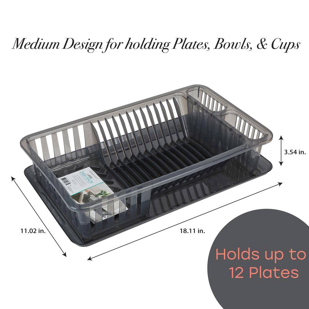 Smoke Gray Plastic Dish Rack with Utensil Cup and Tray