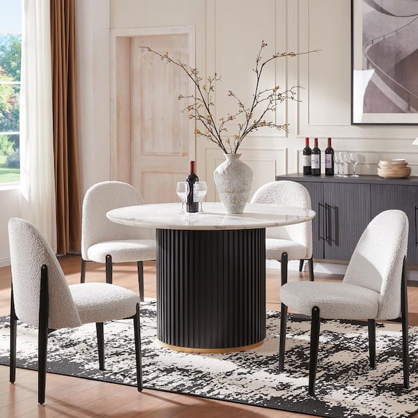 Luxury 5-Piece Faux Marble Round Dining Table with White Boucle Chairs Metal Legs Dining Room Set for Kitchen