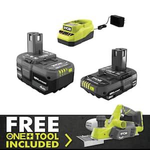 ONE+ 18V Lithium-Ion 4.0 Ah Battery, 2.0 Ah Battery, and Charger Kit with ONE+ Cordless 3-1/4 in. Planer