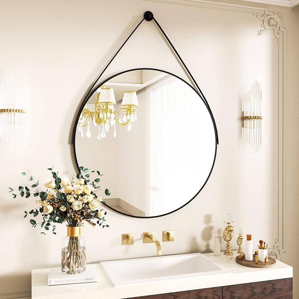 XRAMFY 24 in. W x 24 in. H Round Mirror with Hanging Leather Strap Aluminum  Frame Black Wall Mirror RMLS24 - The Home Depot
