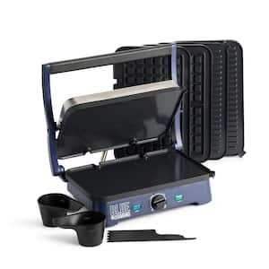 Electric Contact 77 sq in Sizzle Griddle Indoor Grill Ceramic Nonstick with Grill, Griddle, and Waffle Plates in Blue