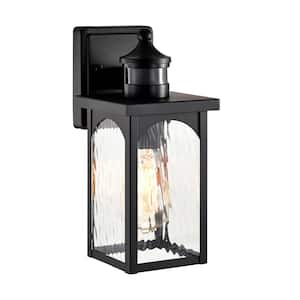 12 in. 1-Light Black Motion Sensing Dusk to Dawn Outdoor Hardwired Wall Lantern Sconce with Water Wave Clear Glass