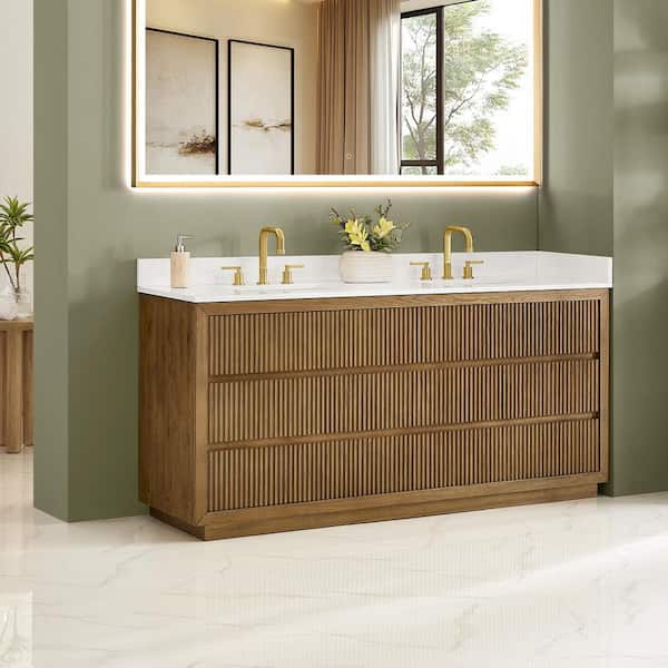 Navan 72 in. Double Freestanding Weathered Brown Bath Vanity with Grain White Engineered Stone Top Assembled