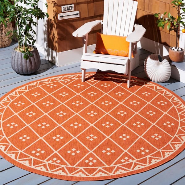 Courtyard Terracotta/Light Beige 7 ft. x 7 ft. Tribal Diamond Indoor/Outdoor Round Area Rug