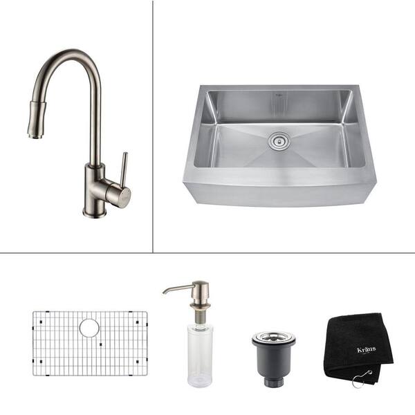 KRAUS All-in-One Farmhouse Apron Front Stainless Steel 30 in. Single Basin Kitchen Sink with Faucet in Satin Nickel