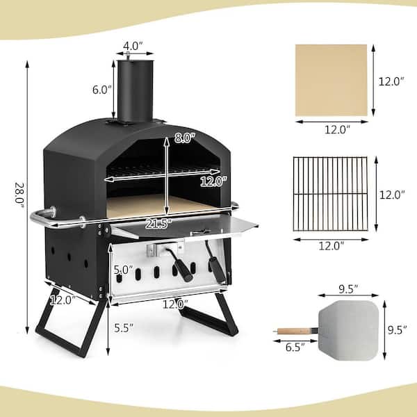 2-layer Wood Fired Pellets Charcoal Fueled Outdoor Pizza Oven w/Anti-scalding Handles & Waterproof Cover