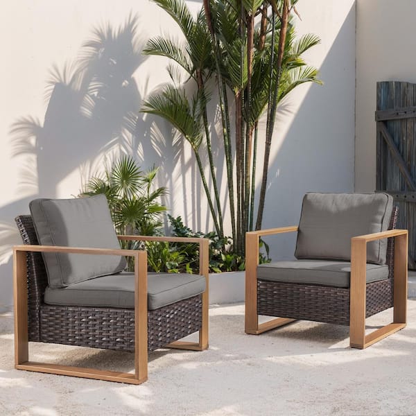 Opohoro Brown Wood-Looking Metal Armrests Wicker Outdoor Lounge Chair, Modern Armchair with Gray Cushions (2-Pack)