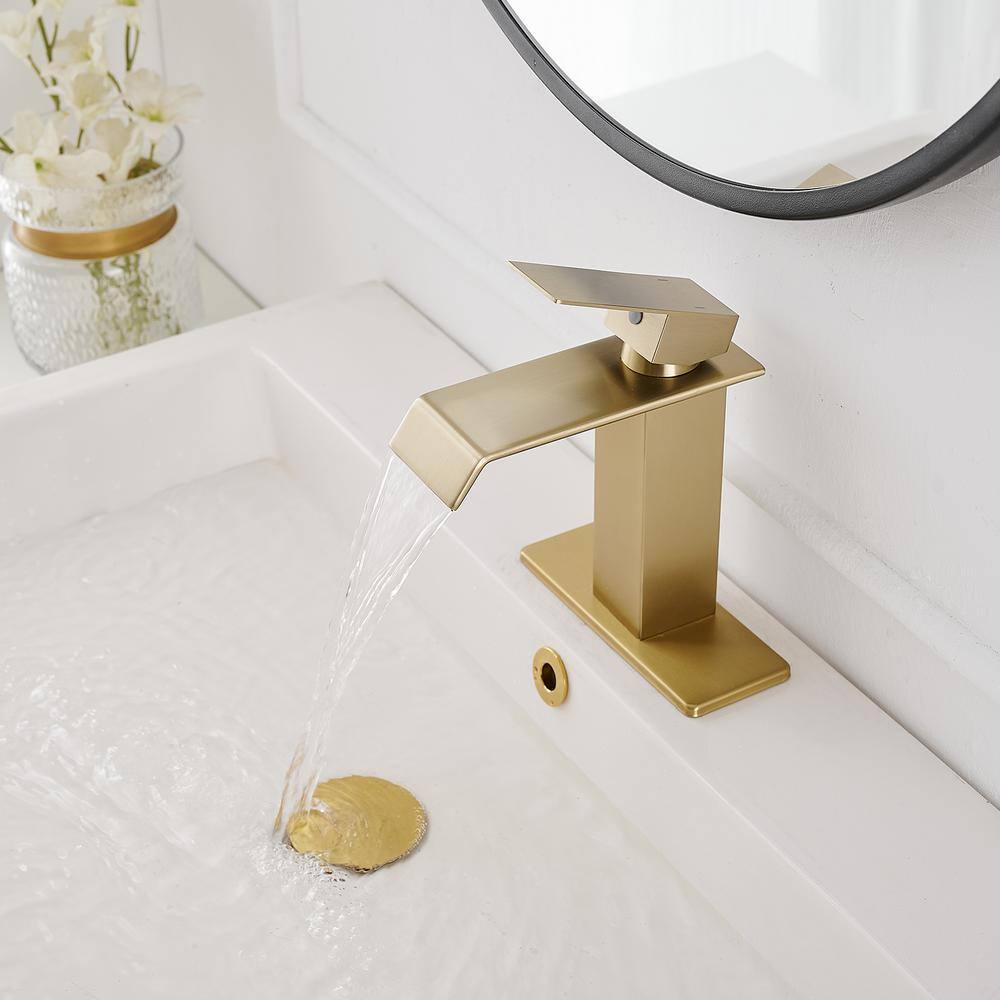 Brushed Gold Single-Handle Low-Arc Bathroom Faucet with Supply Line
