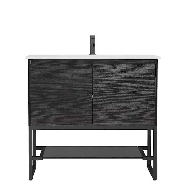 36 in. W x 18 in. D Single Sink Freestanding Black Bath Vanity with White Integrated Composite Resin Top