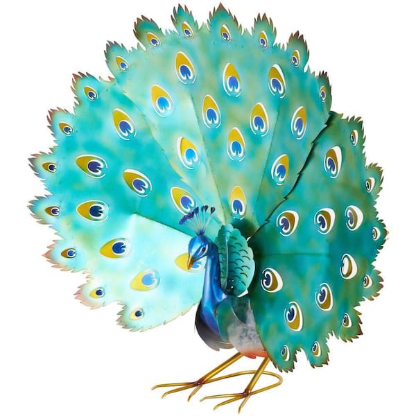 33 in. Metal Peacock Garden Sculpture with Gold Legs and Teal Wings
