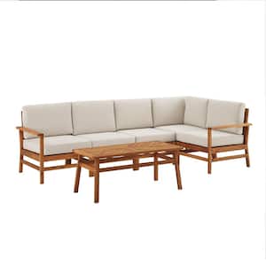 Brown 6-Piece Acacia Modern Patio Corner Sectional Seating Conversation Set with Ivory Cushions