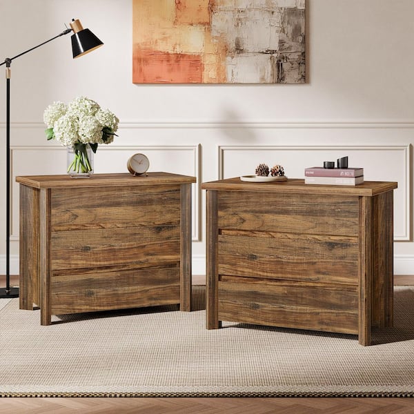 Fenley Rustic Brown 3-Drawer 31.5 in. W Wood Nightstands Set of 2, Farmhouse Bedside Table with Storage for Small Spaces