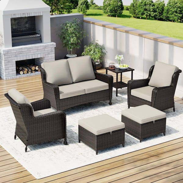 6-Piece Wicker Outdoor Patio Conversation Set Chat Set with Beige Cushions 1 Couch, 2 Chairs, 2 Ottomans and 1 Table