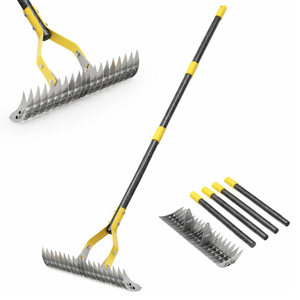 Misopily 71 in. Stainless Steel Handle Thatch Rake with Metal Tines for ...