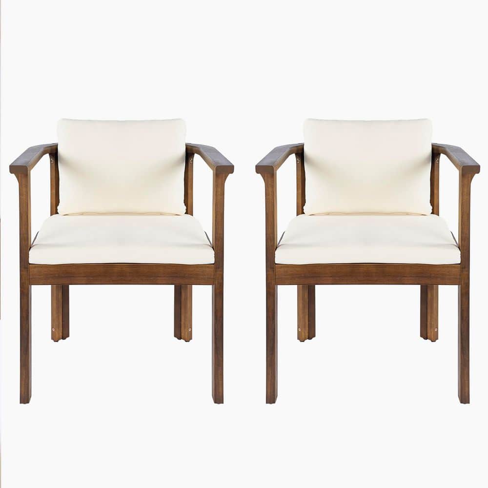 Egil Acacia Wood Patio Outdoor Dining Chairs with Cream+Brown (Set of 2)