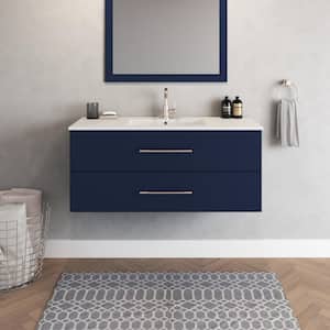 Napa 48 in. W x 18 in. D Single Sink Bathroom Vanity Wall Mounted In Navy Blue with Ceramic Integrated Countertop