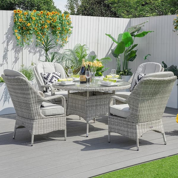 Reach Off-White 5 of Piece Wicker Round Outdoor Dining Set with Grey Cushions