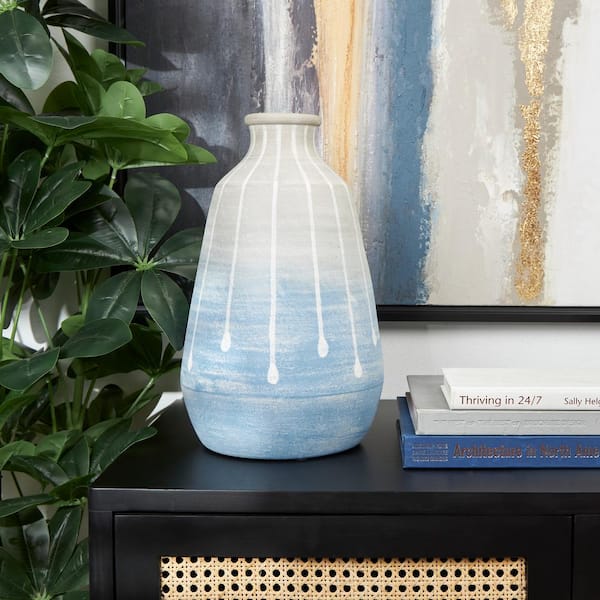 Litton Lane 14 in. Blue Abstract Ombre Drip Ceramic Decorative Vase with Gray and White Accents