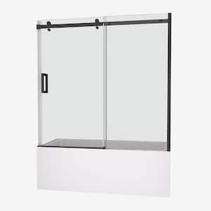 60 in. W x 58 in. H Single Sliding Tub Door in Matte Black with Clear Tempered Glass
