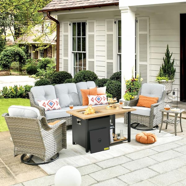 weaxty W Tulip D Gray 5-Piece Wicker Patio Storage Fire Pit Conversation Set with Swivel Rocking Chairs and Gray Cushions