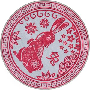 Apollo Chinese Calendar Novelty Lunar New Year Red 2 ft. 7 ft. Round Area Rug