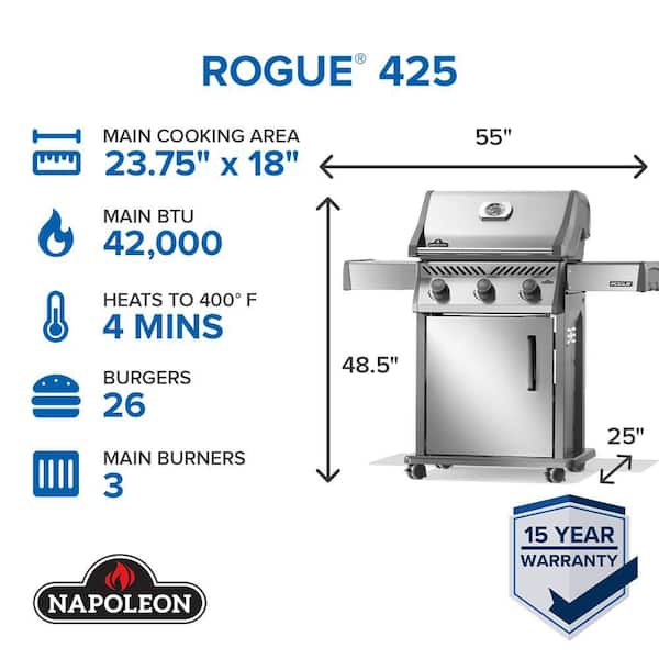 Rogue 425 3-Burner Natural Gas Grill in Stainless Steel
