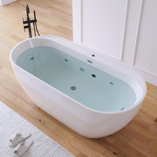 67 in. Acrylic Oval Flatbottom Freestanding Whirlpool Bathtub in White