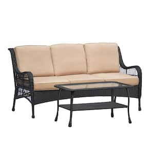Black 2-Pcs. Metal Outdoor Sectional Set with Khaki Cushions Outdoor Furniture Sets 3-Seater Sofa with 1 Coffee Table
