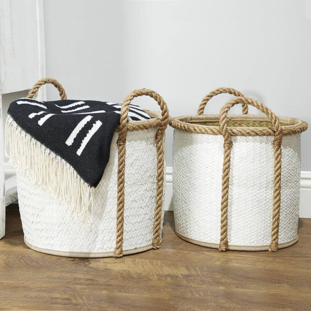 White and Beige Seagrass Round Storage Basket Set