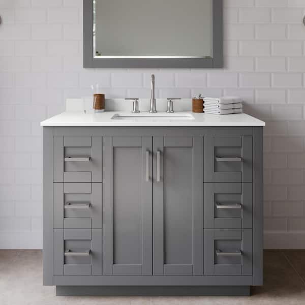 Wyndham Collection Miranda 42 in. W x 22 in. D x 33.75 in. H Single Bath Vanity in Dark Gray with White Quartz Top and 34 in. Mirror