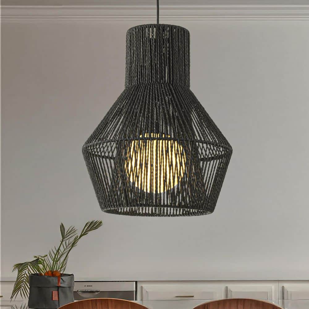 1-Light Modern Black Hand-Woven Rattan Chandelier Bubble Trasitional Cylind