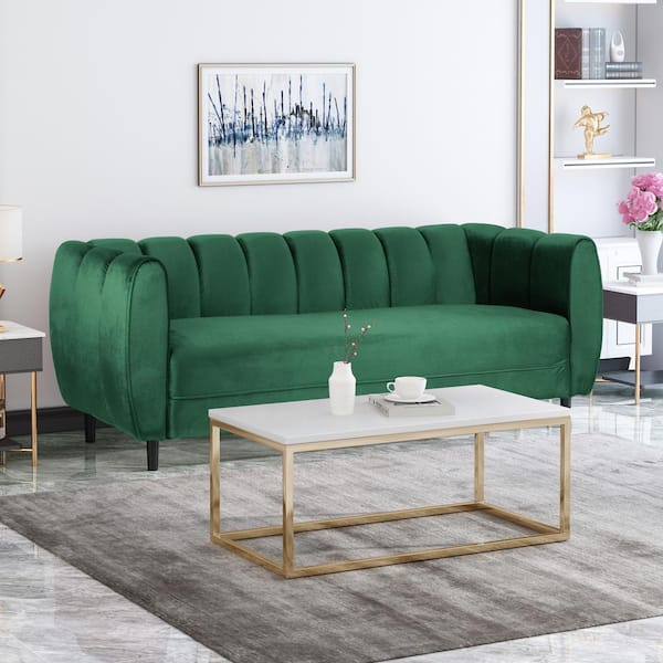 Noble House Bobran 83.25 in. Emerald Solid Velvet 3-Seat Tuxedo Sofa