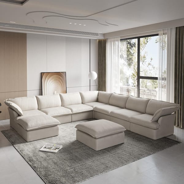J&E Home 162 in. W Flared Arm 8-Piece 8 Seats Linen Modular Sectional Sofa with Ottoman in Beige