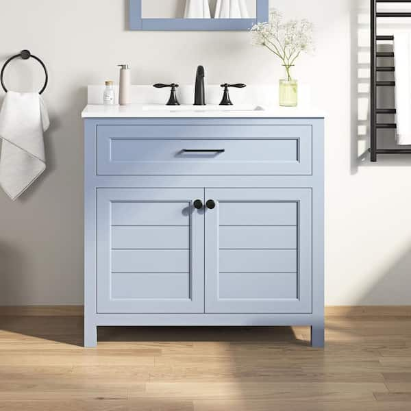 Home Decorators Collection Hanna 36 in. W x 19 in. D x 34 in. H Single Sink Bath Vanity in Spruce Blue with White Engineered Stone Top