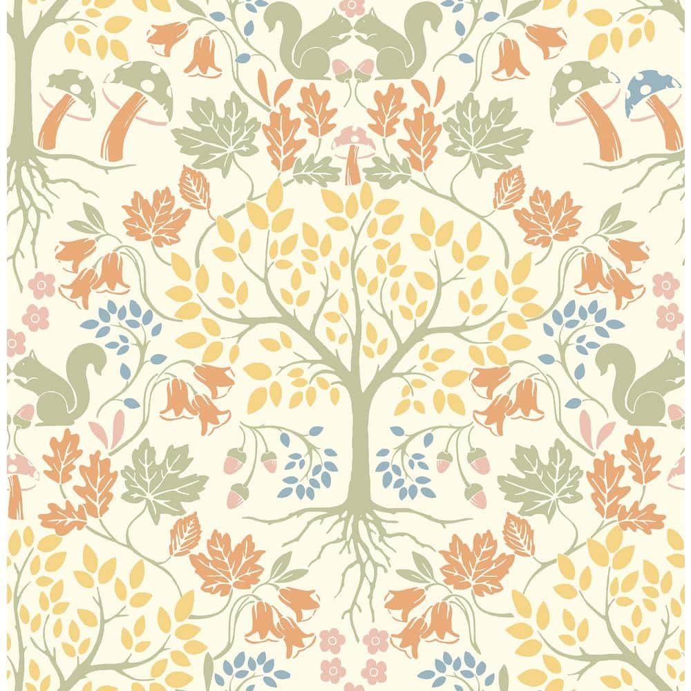 AST3780 Leo Tree Damask Wallpaper in Cream Sage Burnt Sienna Mustard Colors with Rich Woodland Details Whimsical Style Non Woven Unpasted Wall Covering by Brewster