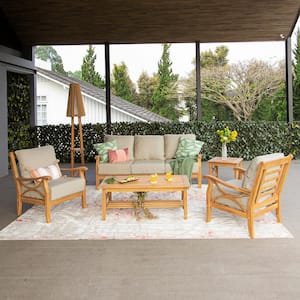 Abbington Teak Wood 5 Piece Patio Conversation Set with Beige Cushion