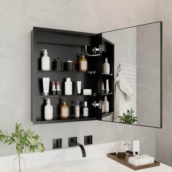 20 in. W x 26 in. H Rectangular Black Aluminum Recessed/Surface Mount Right Dimmable Medicine Cabinet with Mirror LED