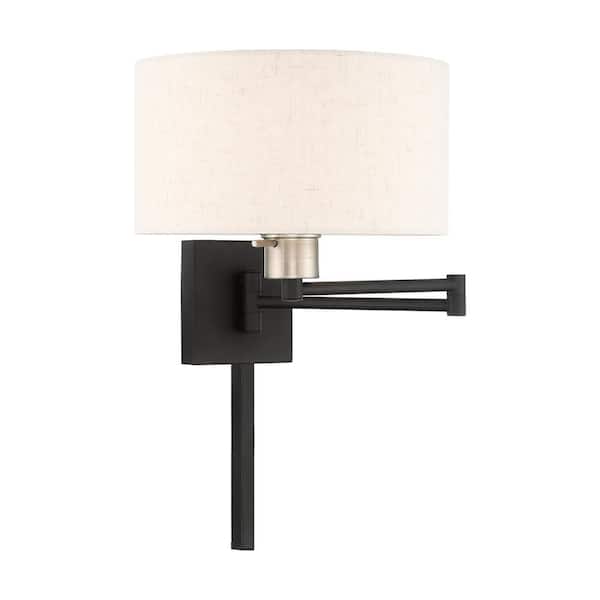 AVIANCE LIGHTING Atwood 1-Light Black Plug-In/Hardwired Swing Arm Wall Lamp with Oatmeal Fabrick Shade