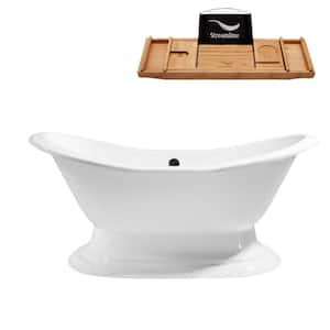 72 in. Cast Iron Flat Bottom Non-Whirlpool Bathtub in Glossy White with Matte Black External Drain and Tray