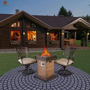 Jagger Dark Gold 3-Piece Cast Aluminum Patio Fire Pit in Brown Wood Exterior Seating Set with Beige Cushions