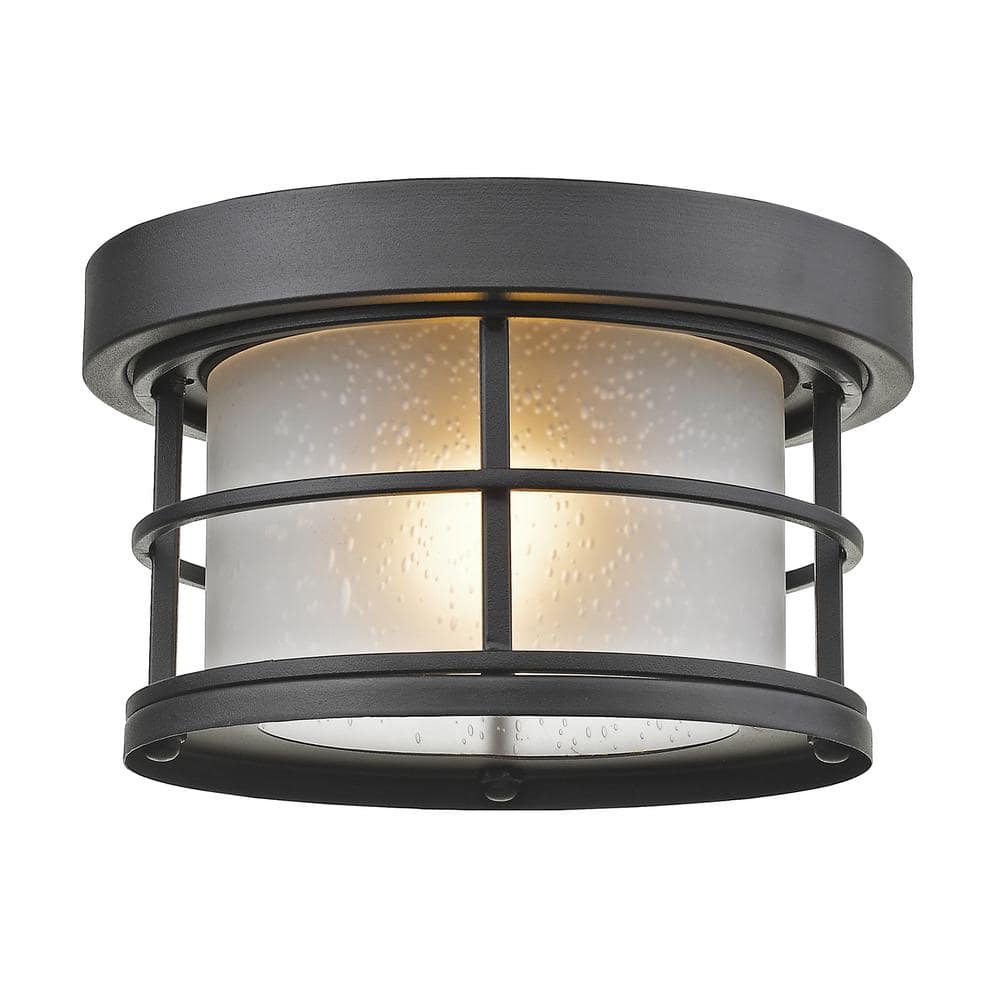 1-Light Black Outdoor Flush Mount with White Seedy Glass Shade