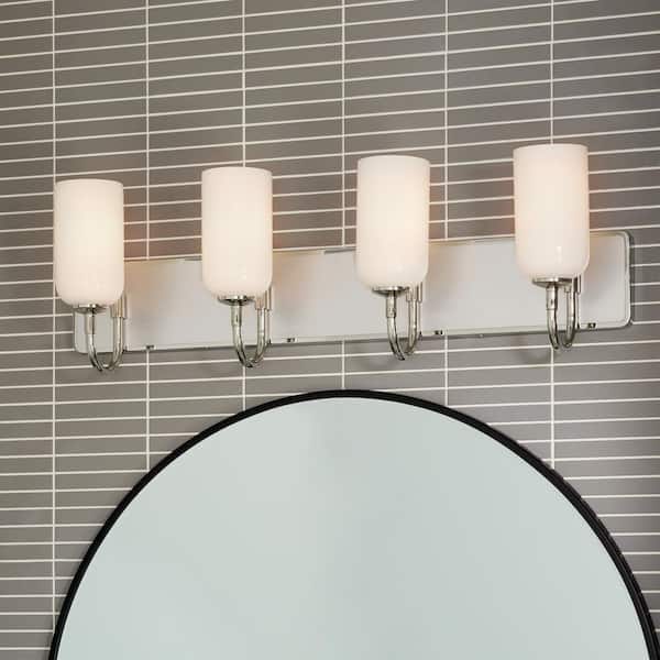 KICHLER Solia 32 in. 4-Light Polished Nickel with Stain Nickel Modern Bathroom Vanity Light with Opal Glass Shades