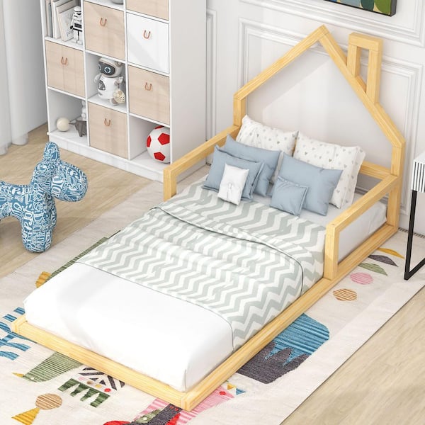 Natural Wood Frame Twin Size Platform Bed with House-Shaped Headboard