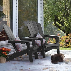 Black Folding Adirondack Chair Plastic with Cup Holder for Patio Outdoor Porch Garden Backyard Deck in (1-piece)