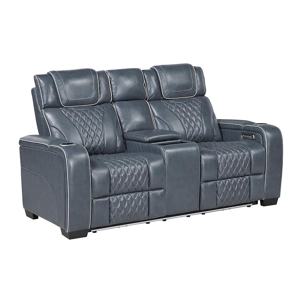 Blue leather three-seat power reclining sofa with diamond quilting.